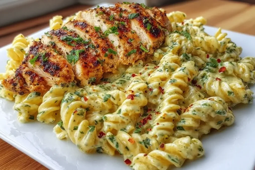 A square white plate holds Twisted Pasta coated in Cheesy Sauce and Garlic Parmesan Sauce, topped with sliced Tender Chicken Breast; this easy dinner shows Creamy Garlic Parmesan Chicken Pasta styled like Garlic Parmesan Chicken and Chicken Parmesan Pasta for classic Chicken Pasta Recipes.