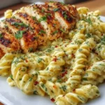 Creamy Garlic Parmesan Chicken Pasta 5 A square white plate holds Twisted Pasta coated in Cheesy Sauce and Garlic Parmesan Sauce, topped with sliced Tender Chicken Breast; this easy dinner shows Creamy Garlic Parmesan Chicken Pasta styled like Garlic Parmesan Chicken and Chicken Parmesan Pasta for classic Chicken Pasta Recipes.