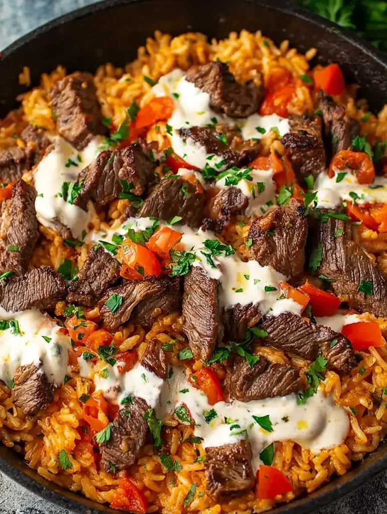 Creamy Queso Rice with Juicy Steak Strips 4 Close up of Tender Steak strips nestled into creamy Rice with melted queso, capturing a Steak and Rice skillet ideal for fans of Strip Steak and Cheesy Rice on busy weeknights.