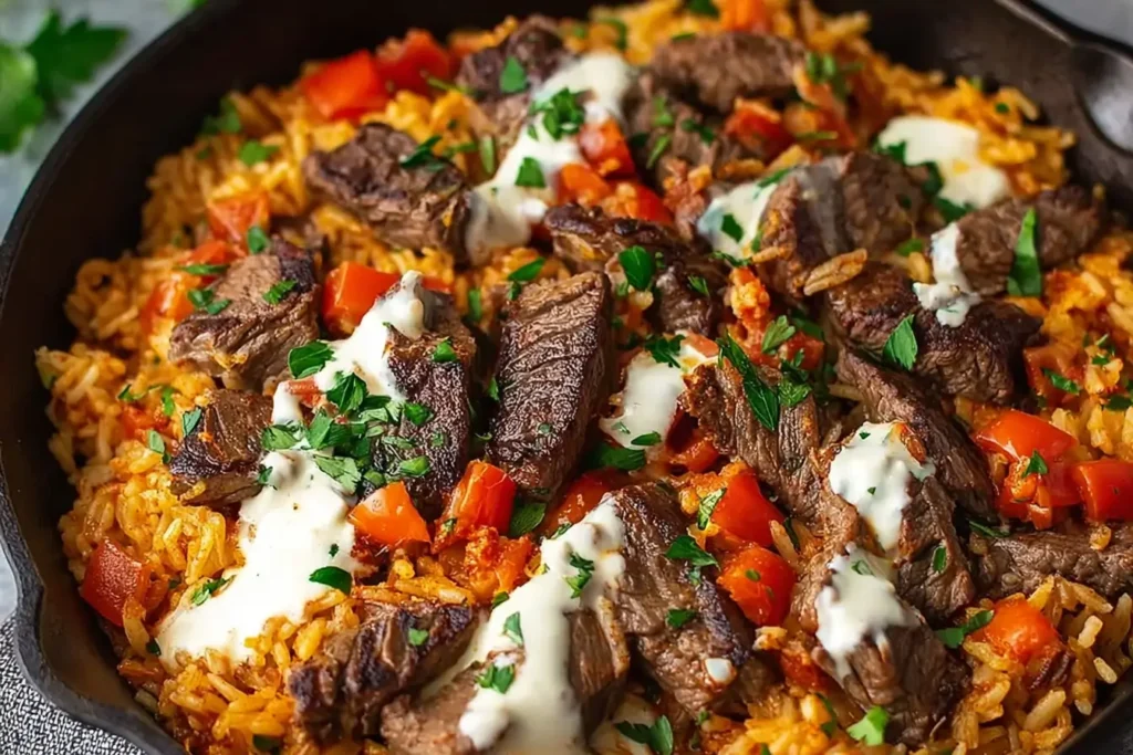 A black skillet filled with Creamy Queso Rice with Juicy Steak Strips shows browned Steak pieces over Cheesy Rice with tomatoes and herbs, an easy Weeknight Dinner that looks like Ultimate Comfort Food.