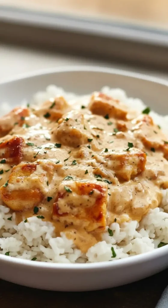 Close up of creamy Smothered Chicken and Rice, tender seared chicken pieces and rich gravy over rice, simple one pot dinner idea.