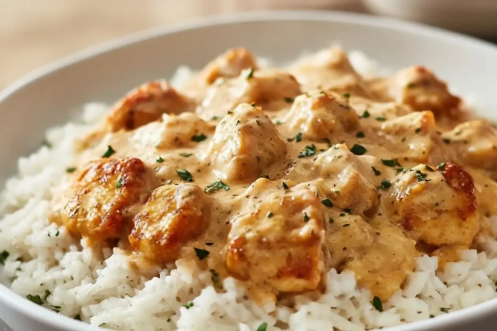 Smothered Chicken and Rice in a creamy pan gravy served over fluffy white rice with parsley, a cozy weeknight comfort meal.