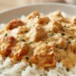 Smothered Chicken and Rice in a creamy pan gravy served over fluffy white rice with parsley, a cozy weeknight comfort meal.