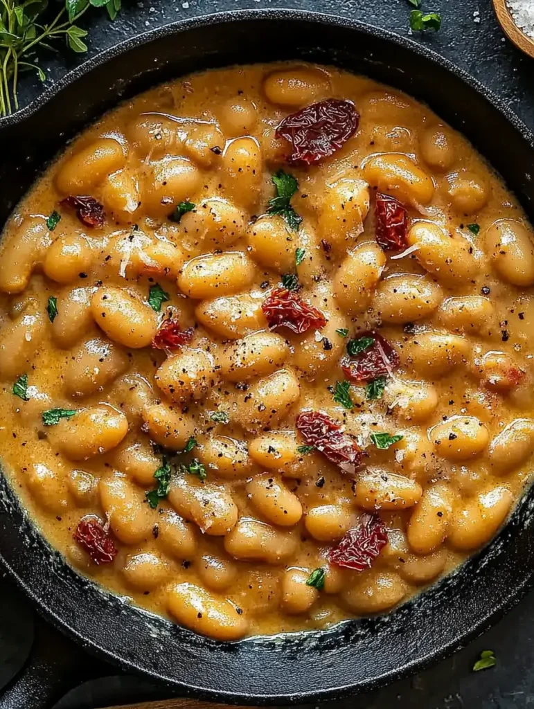 Close up of Marry Me Butter Beans in a cast iron pan, glossy and peppered, showcasing rich Tuscan flavors and the ultimate butter beans comfort.