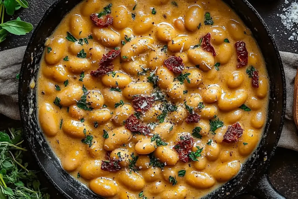 A black skillet filled with creamy Tuscan Marry Me Butter Beans, tender butter beans in a silky sauce with herbs and sun dried tomatoes, a comforting Butter Beans Recipe.