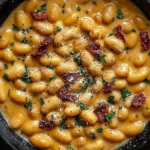 A black skillet filled with creamy Tuscan Marry Me Butter Beans, tender butter beans in a silky sauce with herbs and sun dried tomatoes, a comforting Butter Beans Recipe.