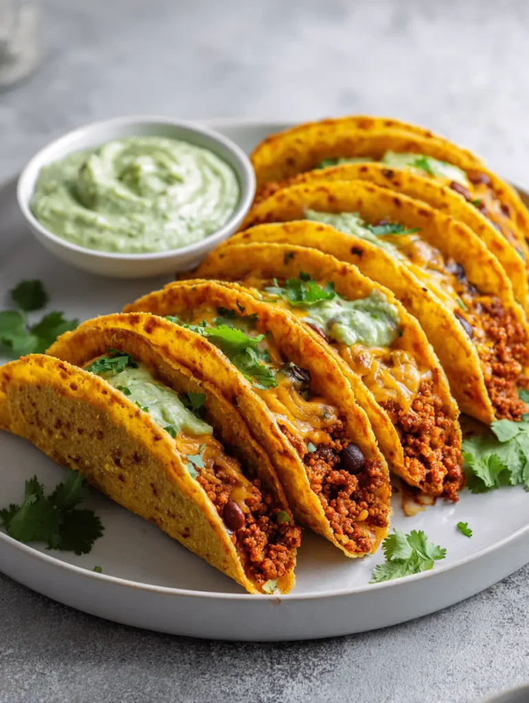Crispy Baked Ground Turkey & Black Bean Tacos 4 A white plate holds five Crispy Baked Ground Turkey & Black Bean Tacos with golden shells, melted cheese, cilantro, and a bowl of avocado crema, a vibrant take on Tacos, perfect for fans of Black Bean Tacos and classic Taco Recipes.