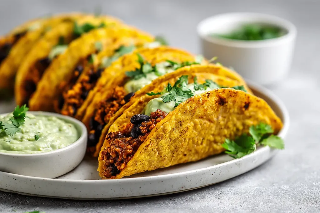 A white plate holds five Crispy Baked Ground Turkey & Black Bean Tacos with golden shells, melted cheese, cilantro, and a bowl of avocado crema, a vibrant take on Tacos, perfect for fans of Black Bean Tacos and classic Taco Recipes.
