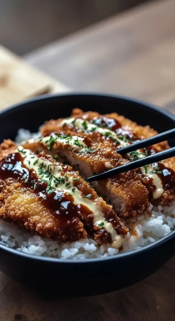 Crispy Japanese Katsu Bowls 4 Close-up of Crispy Japanese Katsu Bowls, golden fried cutlet sliced on rice, glossy tonkatsu sauce, fresh herbs, restaurant-style comfort food