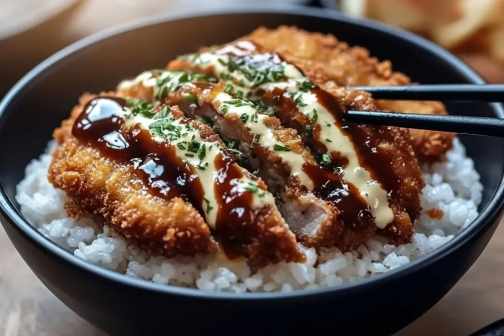 Crispy Japanese Katsu Bowls with panko breaded chicken over steamed rice, drizzled with tonkatsu sauce and creamy mayo, served with chopsticks