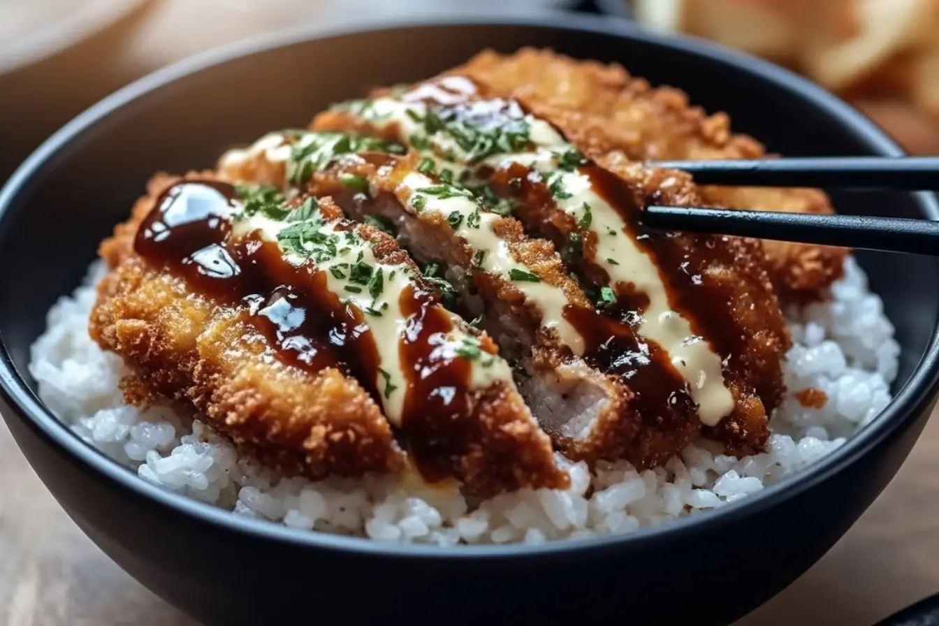 Crispy Japanese Katsu Bowls 3 Crispy Japanese Katsu Bowls with panko breaded chicken over steamed rice, drizzled with tonkatsu sauce and creamy mayo, served with chopsticks