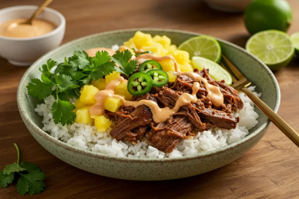 A green speckled bowl filled with white rice, tender shredded beef chuck roast, chipotle sauce drizzle, fresh pineapple chunks, cilantro, jalapeño slices, and lime wedges, showcasing Slow Cooker Recipes and Crockpot Chipotle Pineapple Pot Roast Bowls with a sweet and spicy bowl vibe.