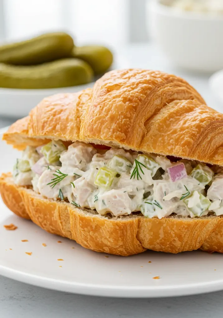 Close-up of a flaky croissant sandwich packed with crunchy chicken salad pickles, tender chicken, and fresh dill, illustrating a hearty Dill Pickle Chicken Salad with tangy dill pickle accents.