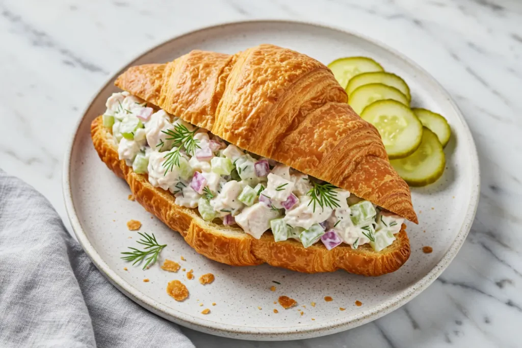 A golden croissant stuffed with crunchy dill pickle chicken salad shows creamy filling with diced pickles, celery, and red onion, highlighting Dill Pickle Chicken Salad flavors for a bright Pickle Chicken Salad bite.