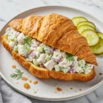 A golden croissant stuffed with crunchy dill pickle chicken salad shows creamy filling with diced pickles, celery, and red onion, highlighting Dill Pickle Chicken Salad flavors for a bright Pickle Chicken Salad bite.