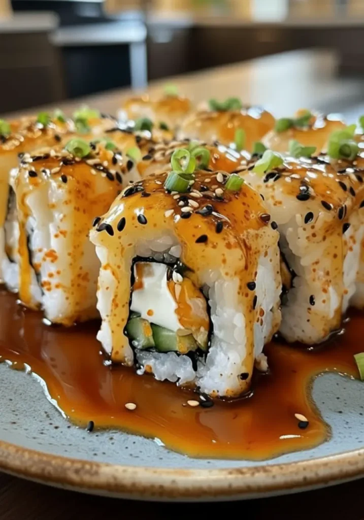 Dragon Rolls suchi Recipe 4 Close up of Dragon Rolls suchi Recipe, glossy eel sauce over avocado slices, sesame seeds and green onions on tender sushi rice, dragon roll sushi