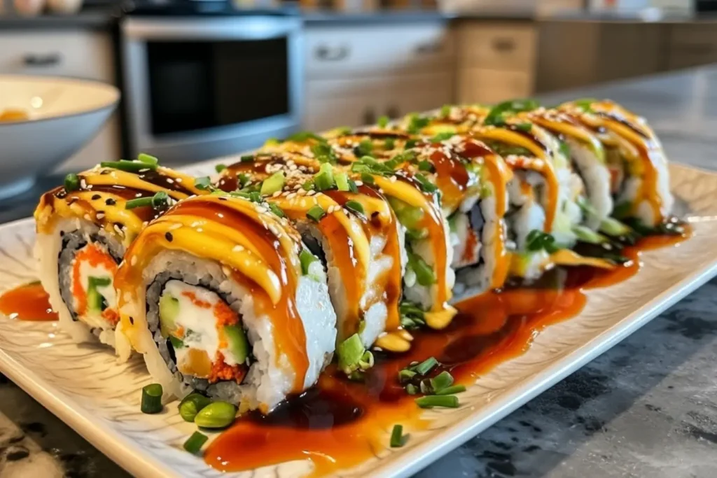 Dragon Rolls suchi Recipe, dragon roll sushi topped with avocado, eel sauce, sesame, and scallions, perfect sushi rice, creamy filling, restaurant style