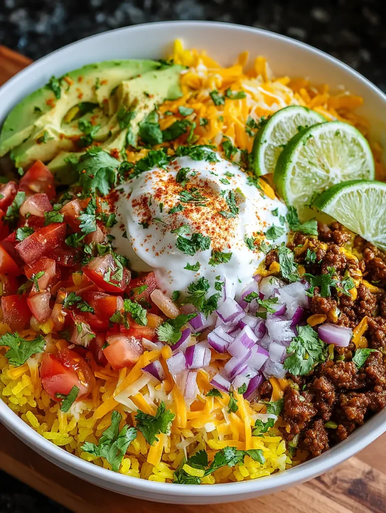 Easy Taco Rice Bowl 4 Easy Taco Rice Bowl loaded with Taco Rice, ground beef, avocado slices, tomatoes, red onion, cilantro, lime wedges, shredded cheese and sour cream; a family friendly Rice Taco Bowl from Rice Bowls Recipes and Easy Taco Bowls ideas