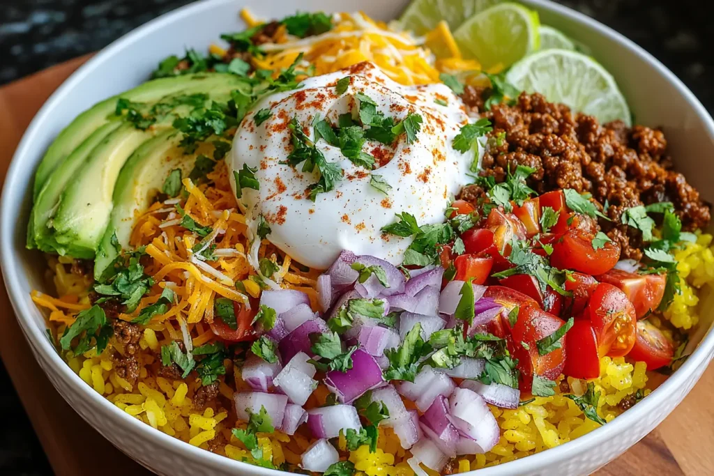 Healthy Easy Taco Rice Bowl with yellow Taco Rice, seasoned ground beef, avocado, tomato, red onion, cilantro, lime, cheese and sour cream; Easy Taco Bowls meal prep inspired by Rice Bowls Recipes and a trusted Taco Rice Bowl Recipe
