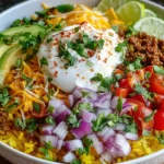 Healthy Easy Taco Rice Bowl with yellow Taco Rice, seasoned ground beef, avocado, tomato, red onion, cilantro, lime, cheese and sour cream; Easy Taco Bowls meal prep inspired by Rice Bowls Recipes and a trusted Taco Rice Bowl Recipe