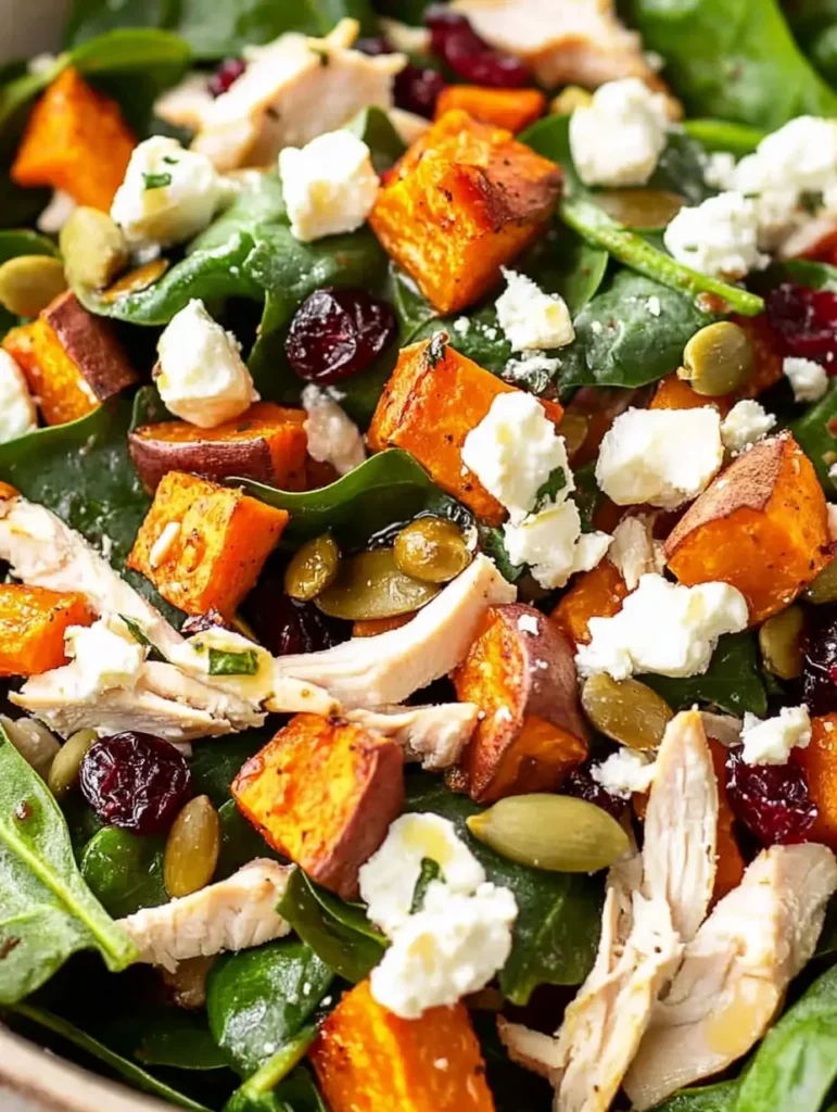 Fall Harvest Salad 4 A top-down view of a hearty Fall Harvest Salad styled as a Harvest Salad shows rows of roasted butternut squash, apples, cranberries, pepitas, feta, and chicken on spinach, inspired by Autumn Salad Recipes and fall salads recipes autumn themes for a cozy Fall Dinner.