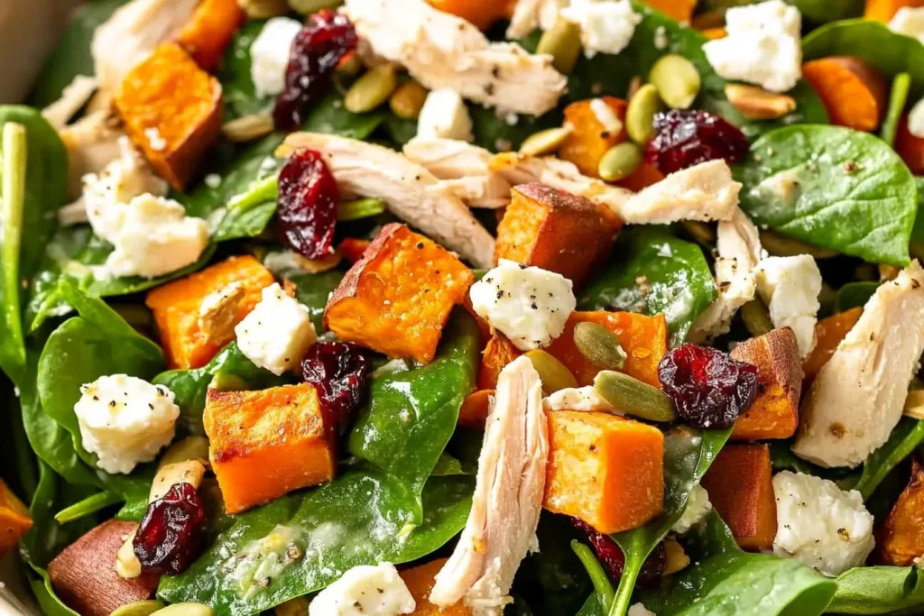 A top-down view of a hearty Fall Harvest Salad styled as a Harvest Salad shows rows of roasted butternut squash, apples, cranberries, pepitas, feta, and chicken on spinach, inspired by Autumn Salad Recipes and fall salads recipes autumn themes for a cozy Fall Dinner.