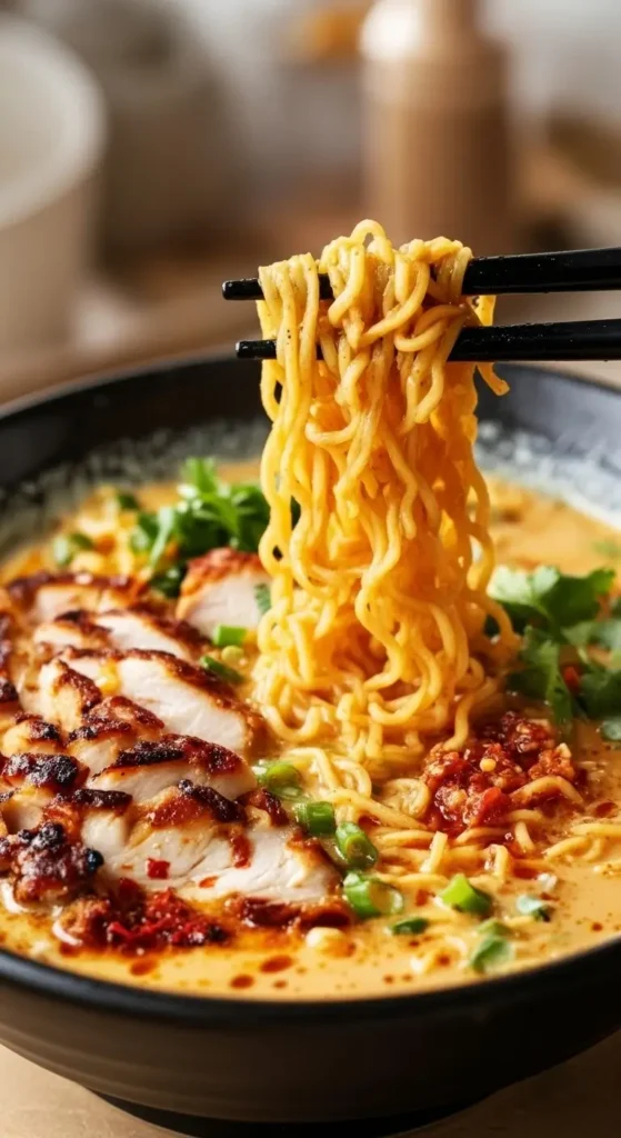 Close up of Fiery Chicken Ramen with Creamy Garlic Sauce, springy noodles, juicy chicken slices, chili crisp, green onions, silky spicy broth