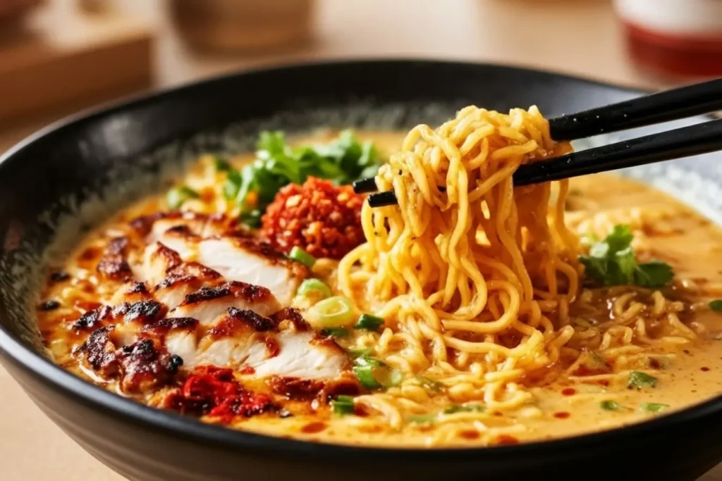 Fiery Chicken Ramen with Creamy Garlic Sauce in a black bowl, chopsticks lifting noodles, sliced grilled chicken, chili oil, scallions, rich creamy broth