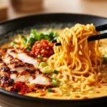 Fiery Chicken Ramen with Creamy Garlic Sauce in a black bowl, chopsticks lifting noodles, sliced grilled chicken, chili oil, scallions, rich creamy broth
