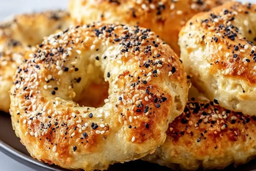 Close up of golden homemade bagels topped with sesame and poppy seeds, showing a fluffy crumb and crisp crust; a bright, healthy breakfast scene featuring Fluffy and Healthy Greek Yogurt Bagels, perfect for easy breakfast and brunch recipes, made with greek yogurt for extra protein, ideal breakfast ideas for quick homemade food.