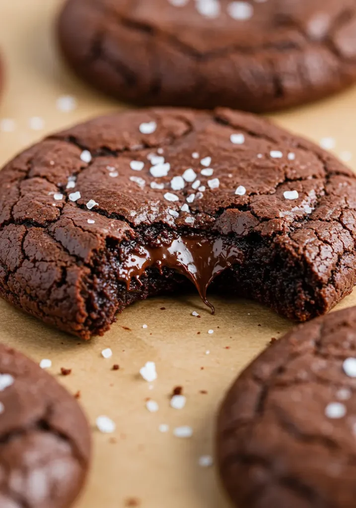 Fudgy Chewy Browkies (Brookies) 4 Close-up of a cracked-top chocolate brookie with melty chocolate and sea salt, perfect for fans of Fudgy Brownies, Fudgy Chewy Brookies, and an easy Brookies Recipe for cookie brownies.