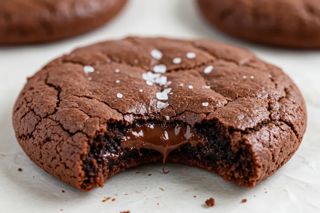 A thick chocolate brookie cookie with a bite taken out, showing a molten center and flaky sea salt on top, styled to highlight Fudgy Brownies and Fudgy Chewy Brookies as an easy Brookies Recipe and cookie brownies mashup.