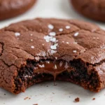 A thick chocolate brookie cookie with a bite taken out, showing a molten center and flaky sea salt on top, styled to highlight Fudgy Brownies and Fudgy Chewy Brookies as an easy Brookies Recipe and cookie brownies mashup.