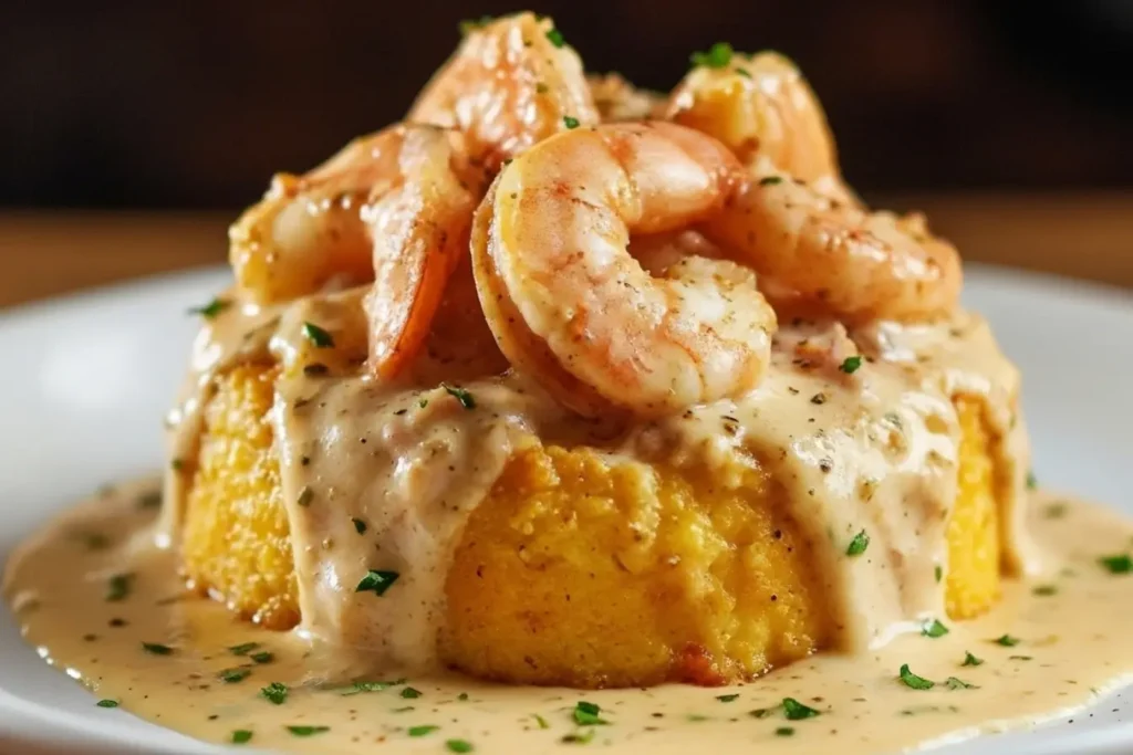 Garlic Shrimp Mofongo topped with a creamy garlic sauce, juicy shrimp, and cilantro, a classic Puerto Rican mofongo recipe made with mashed plantains.