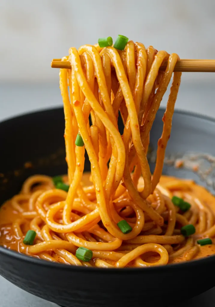 Creamy Gochujang Udon Noodles 4 A cozy dinner scene shows red coated Udon Noodles topped with scallions and sesame, describing Gochujang Udon Noodles cooked like Yaki Udon for an easy one pan Udon Stir Fry meal.