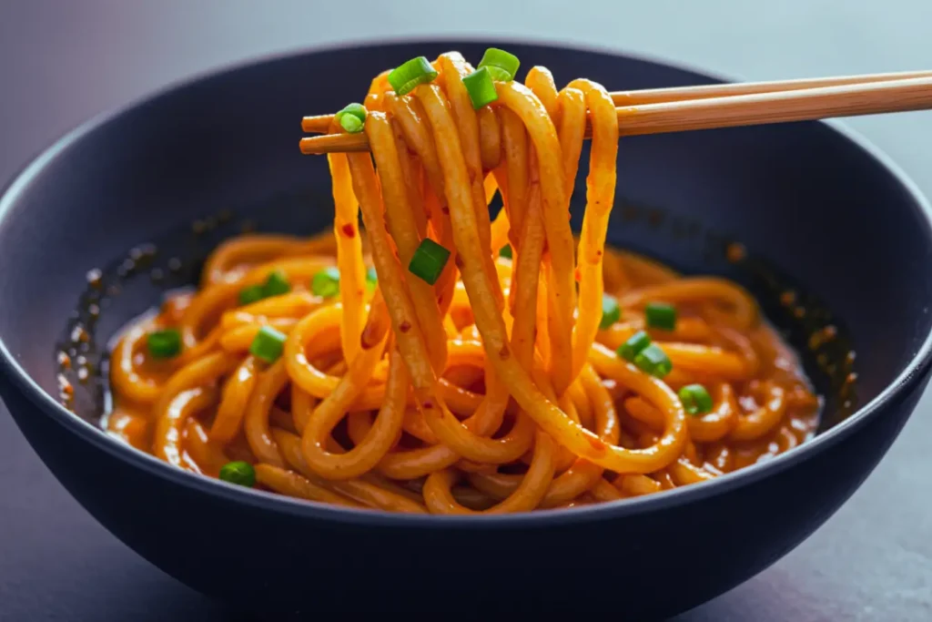 Chopsticks lift glossy noodles from a black bowl, showing chewy Udon Noodles tossed as Gochujang Udon Noodles in a quick Udon Noodle Stir Fry styled like Yaki Udon for weeknight Udon Stir Fry comfort.