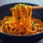 Chopsticks lift glossy noodles from a black bowl, showing chewy Udon Noodles tossed as Gochujang Udon Noodles in a quick Udon Noodle Stir Fry styled like Yaki Udon for weeknight Udon Stir Fry comfort.