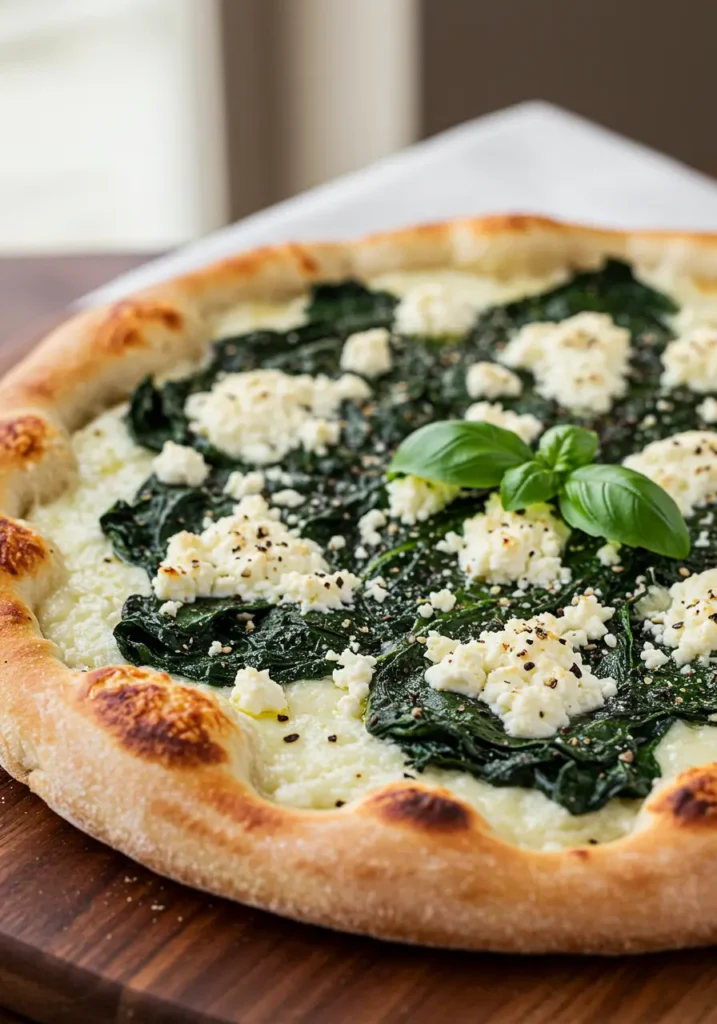 Homemade Greec White Pizza with Spinach and Roasted Garlic, golden bubbly edges, garlic spinach topping, ricotta and olive oil finish.