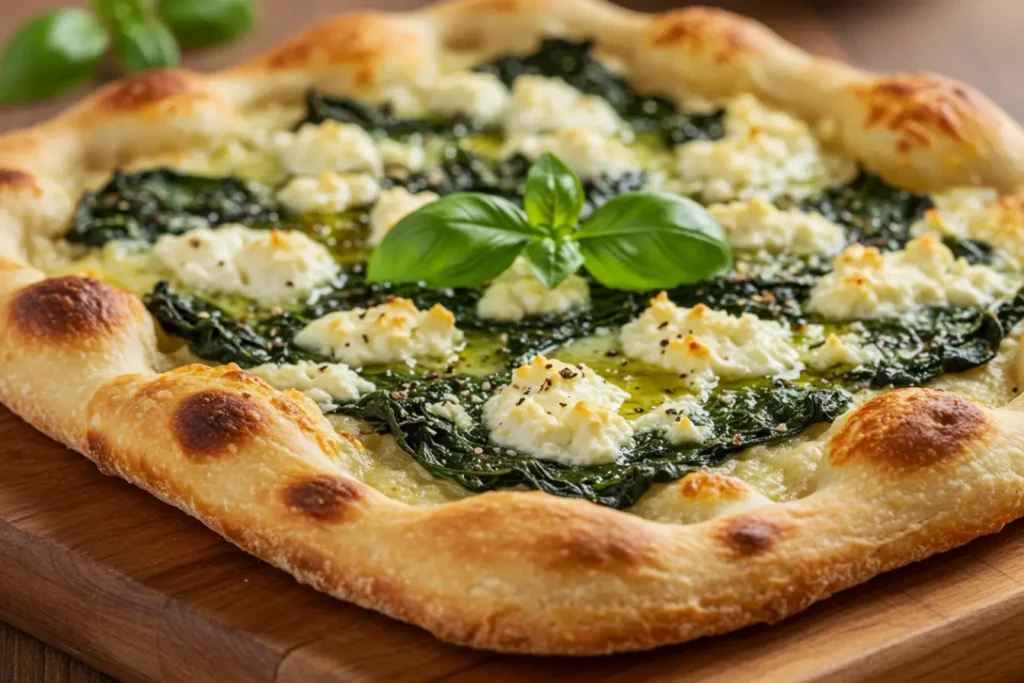 Close-up of Greec White Pizza with Spinach and Roasted Garlic, crispy blistered crust, creamy ricotta dollops, fresh basil on a wooden board.