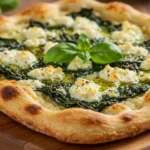 Close-up of Greec White Pizza with Spinach and Roasted Garlic, crispy blistered crust, creamy ricotta dollops, fresh basil on a wooden board.