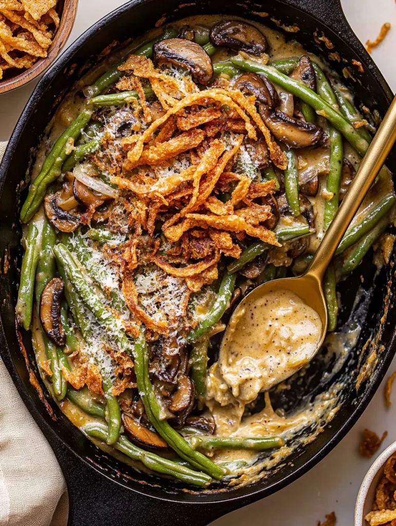 Green Bean Casserole 4 Close-up of Green Bean Casserole in a black pan shows tender beans in creamy sauce with heaps of French Fried Onions, a homestyle bean casserole that echoes the Green Bean Casserole Campbells style while using fresh elements.