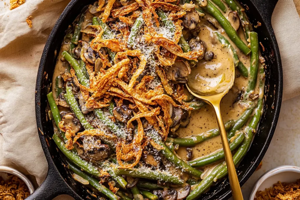 A cast-iron skillet filled with green bean casserole features Fresh Green Beans and a Creamy Mushroom Sauce, topped with golden French Fried Onions and Crispy Onions, the look of a Classic Green Bean Casserole and Best Green Bean Casserole in one.