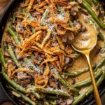 Green Bean Casserole 5 A cast-iron skillet filled with green bean casserole features Fresh Green Beans and a Creamy Mushroom Sauce, topped with golden French Fried Onions and Crispy Onions, the look of a Classic Green Bean Casserole and Best Green Bean Casserole in one.