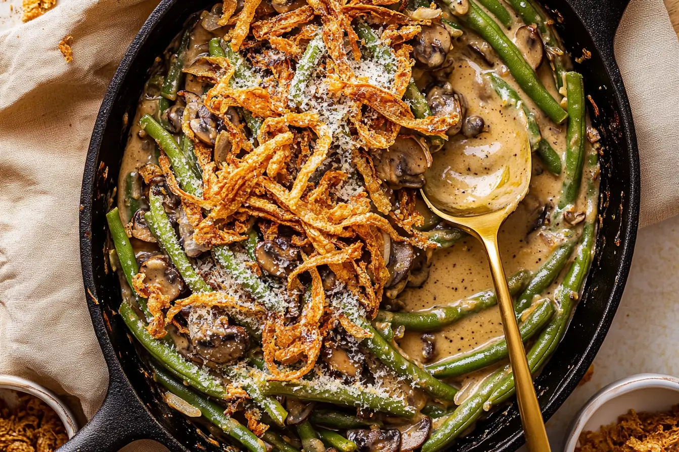 Green Bean Casserole 3 A cast-iron skillet filled with green bean casserole features Fresh Green Beans and a Creamy Mushroom Sauce, topped with golden French Fried Onions and Crispy Onions, the look of a Classic Green Bean Casserole and Best Green Bean Casserole in one.