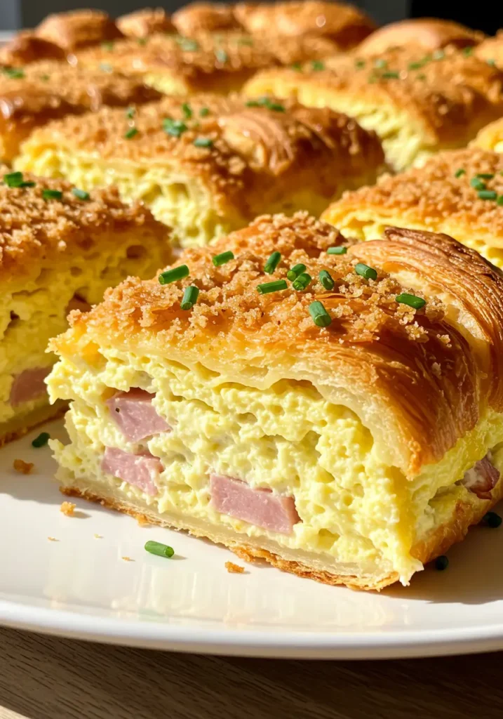 Ham and Cheese Croissant Casserole 4 A close shot captures steamy Ham and Cheese Croissant Casserole portions, their buttery layers and gooey cheddar echoing a crowd pleasing Croissant Breakfast Casserole while nodding to a weekend Ham And Cheese Croissant Bake and fresh Cheese Croissant taste.