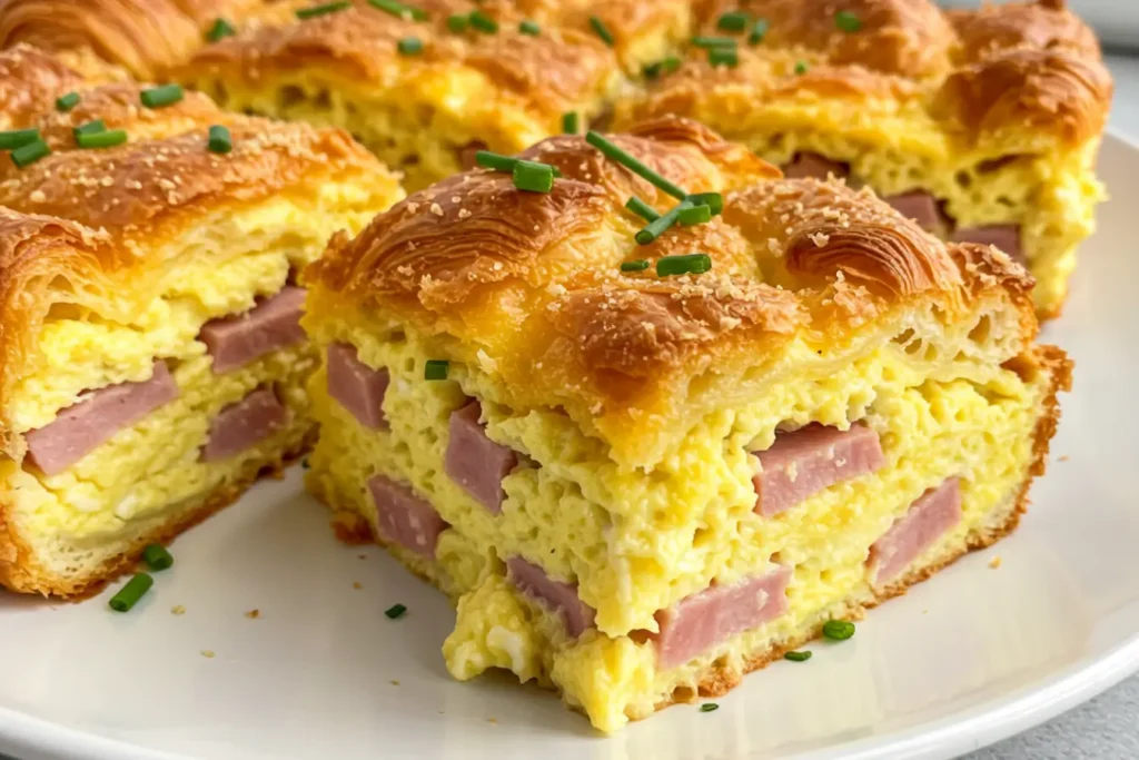 Brunch ready slices of Croissant Breakfast Casserole are arranged on a plate with chives, blending the look of a Ham and Cheese Croissant Casserole with the familiar comfort of a bakery style Ham And Cheese Croissant Bake and classic Cheese Croissant flavors.