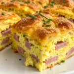 Ham and Cheese Croissant Casserole 5 Brunch ready slices of Croissant Breakfast Casserole are arranged on a plate with chives, blending the look of a Ham and Cheese Croissant Casserole with the familiar comfort of a bakery style Ham And Cheese Croissant Bake and classic Cheese Croissant flavors.