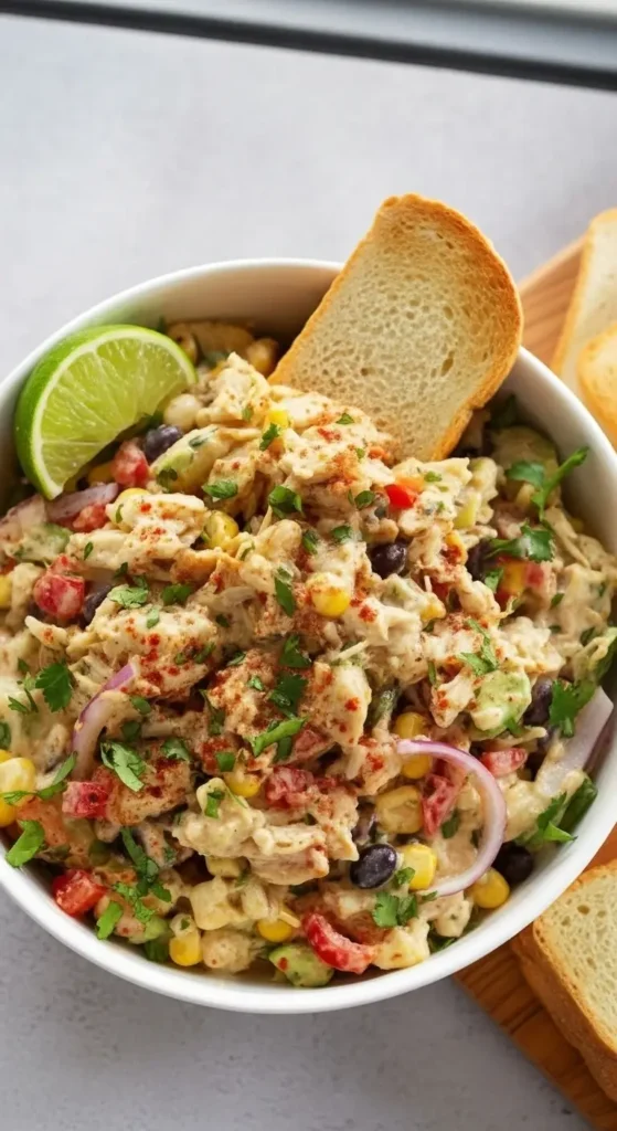 High Protein Southwest Chicken Salad 4 Overhead of High Protein Southwest Chicken Salad, colorful bell pepper, corn, black beans, avocado, cilantro and paprika, lime slices and bread for dipping