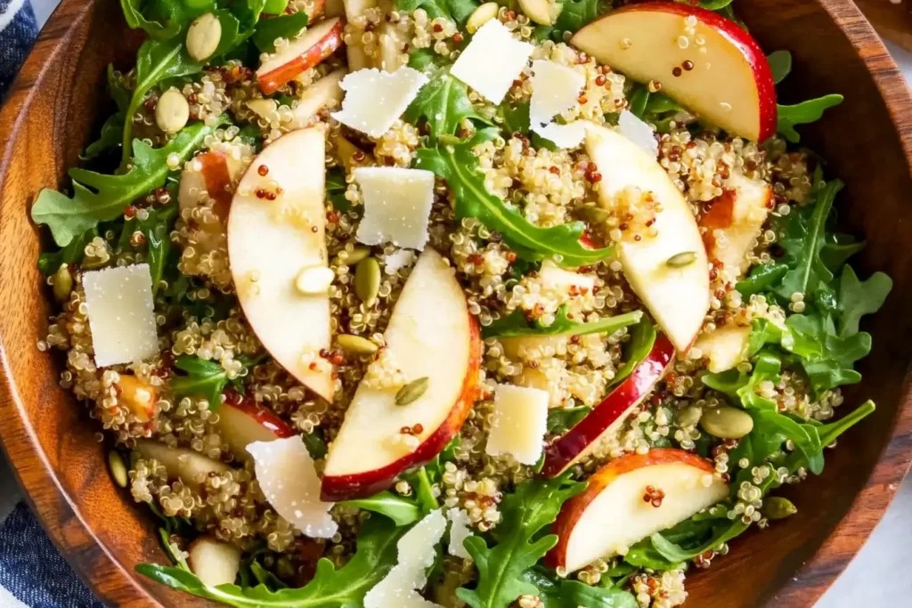 A wooden bowl filled with Apple Salad textures in a Honey Mustard Quinoa Apple Salad with Crispy Shallots, tossed with honey mustard dressing and crunchy seeds.