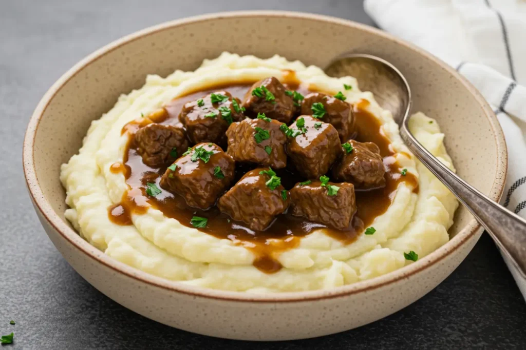 A shallow beige bowl of mashed potatoes topped with glossy Beef Tips in rich brown gravy, showing Instant Pot Beef Tips with Gravy styled like an Instant Pot stew and perfect for fans of Beef Tips And Gravy and simple Beef Tip Recipes.